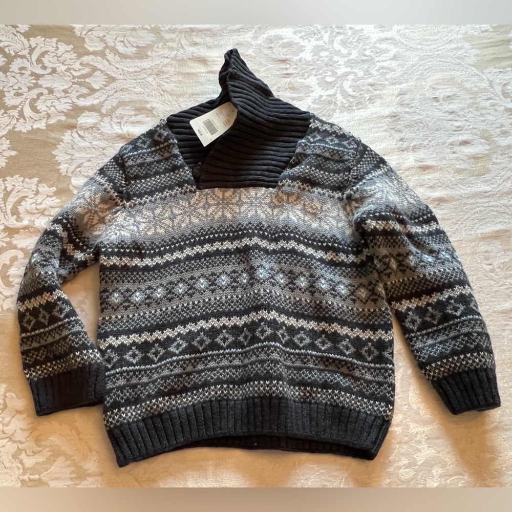 Janie & Jack Fair Isle Gray and White Baby Boy Sweater Cotton Sweater NEW NWT